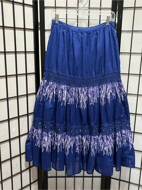 Reba Royal Blue Tiered Maxi Skirt with Fringe Accents PRINT, WOMEN SIZE 8